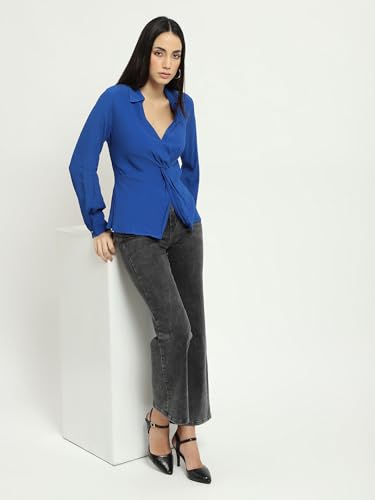 Label RITU KUMAR Royal Blue, Collar Neck Full Sleevess Solid Top