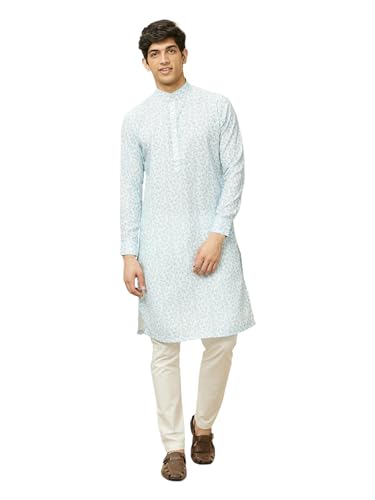 Manyavar Mens Blue Blended Cotton Printed Kurtas