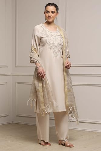 Biba Women Beige Polyester Blend Straight Dyed Suit Set_42