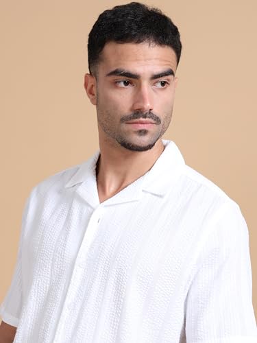 StitchX Men’s Airport Look Textured Seersucker Resort Cotton Shirt & Trouser Co-Ord Set Bright White M
