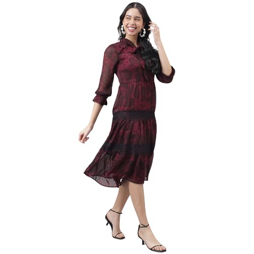 Latin Quarters Women Maroon 3/4 Sleeve Tie-Up Neck A-Line Dress