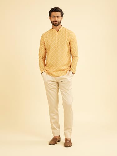 Manyavar Men's Cotton Blend Geometric Printed Short Kurta (Mustard,L)