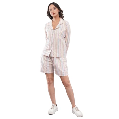 felrio Women's Stripe Lounge Co-Ord Set | Full Sleeve Button-Down Shirt & Matching Shorts Set | Soft Casual Loungewear Nightwear Co-Ord Outfit for Women | White Multi Stripe (XL)