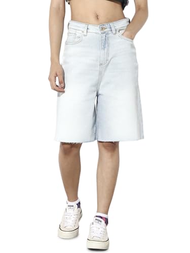 ONLY Women's Solid Regular Fit Mid-Rise Blue Shorts