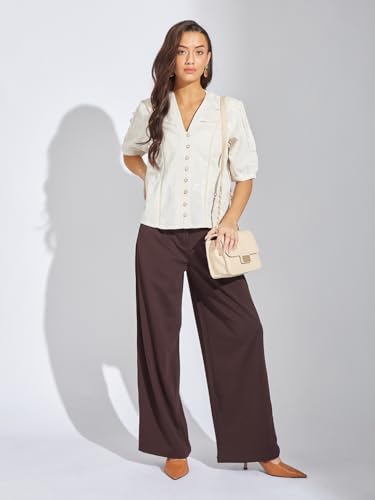 Latin Quarters Women Ivory Embroidered Linen Blend Top | V-Neck | Half Sleeves | Button-Down Casual Summer Shirt