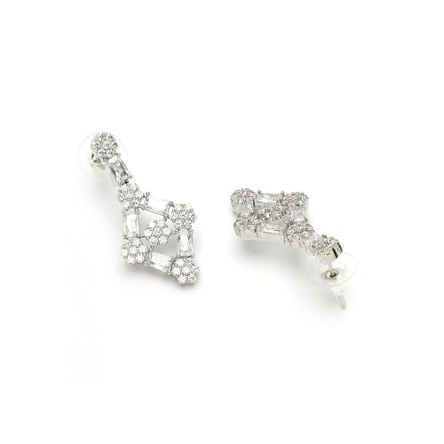 ZENEME Rhodium-Plated American Diamond Studded Trendy Necklace With Earrings Jewellery Set For Girls and Women (White)
