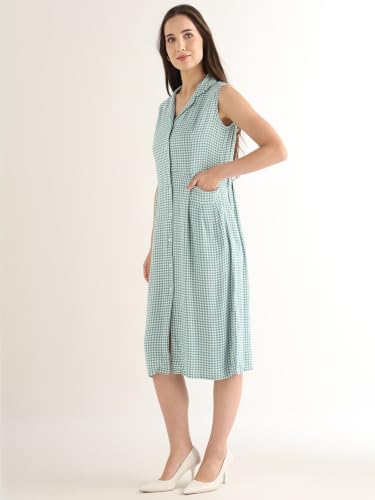 Hancock Women Green & White Gingham Checked Lapel Collar Pure Cotton Shirt Style Midi Dress