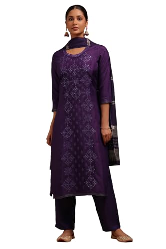 Soch Womens Purple Dola Silk Embroidered Suit Set With Thread Work