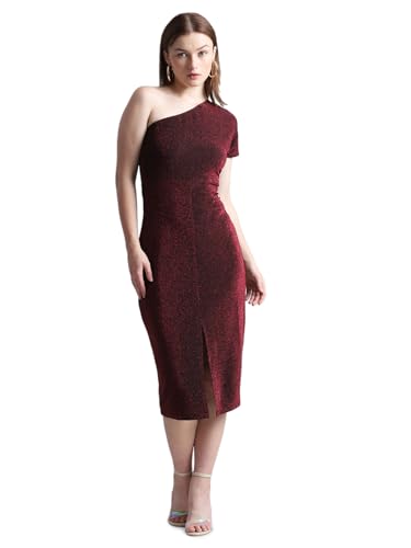 ONLY Women Solid Polyester Calf Length Maroon Bodycon Dress