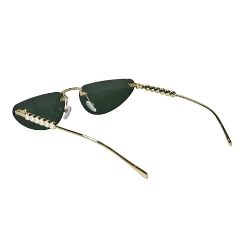 Luxury Rimless Cat Eye Sunglasses for Women | Stylish UV Protected Fashion Sunglasses | Lightweight Designer Shades for Driving, Travel, Beach & Outdoor Wear (Green-gold)