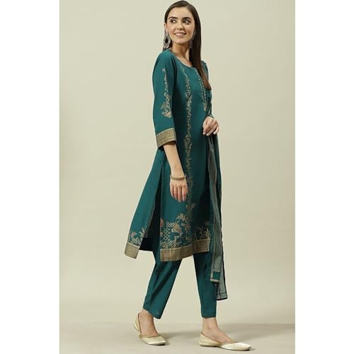 BIBA Women Cotton Straight Printed Suit Set (SKD7057EAW21TGRN_Green