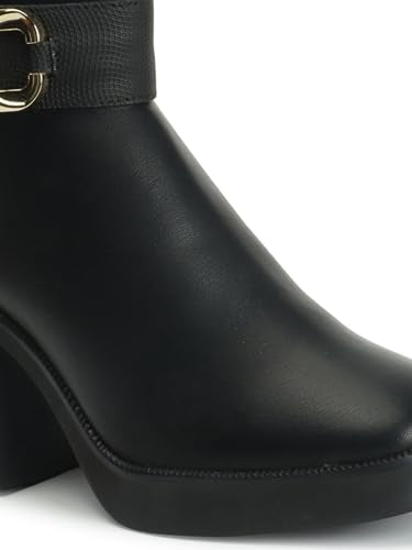 ELLE Women Block-Heel Ankle Boots with Chain Detail