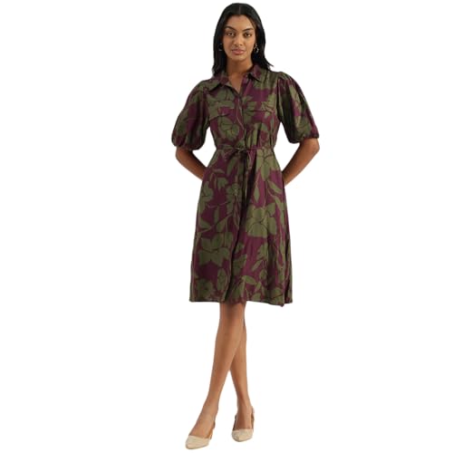 United Colors of Benetton Spread Collar Floral Stylised Short Shirt Dress (Size : XL) - 25A4DRESS057I903 Burgundy
