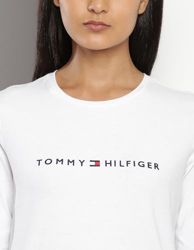 Tommy Hilfiger White Cotton Embroidery Round Neck Full Sleeves Regular Fit Women T-Shirt (F23HWKT126) Size-XL