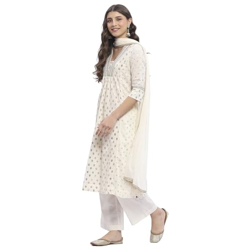 BIBA Women Off-White Cotton Printed Gathered Suit Set_46