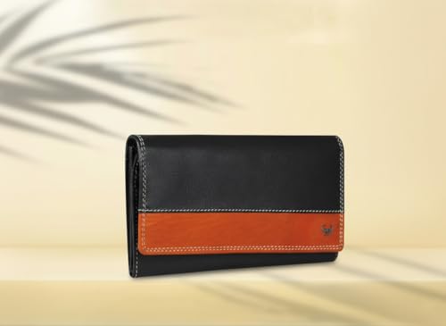 Calfnero Women's Genuine Leather Wallet-Long Purse Wallet with Multiple Card Slots, Zip Pocket and Note Compartment (Black)