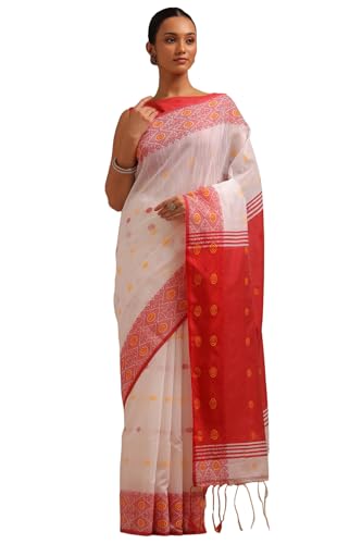 Soch Womens White Cotton Woven Design Saree