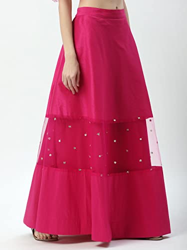 studio rasa Women's Girls Dupion & Net Sequins Embroidered Panelled Skirt for Wedding Festive (SKTC32205XL_X-Large_Pink)