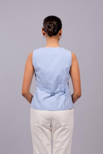 ZLAATA Blue Striped Formal Waistcoat Top for Women | Rayon Fabric | V Neck Style | Regular Fit with Straight Hemline | Sleeveless Tops for Women Stylish | Pack of 1 (Blue, S)