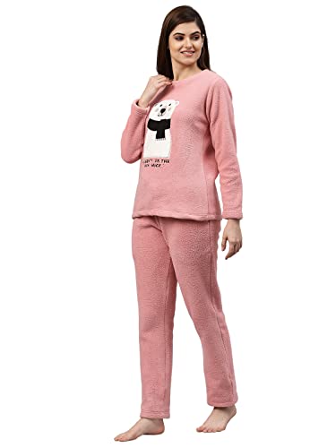 Sweet Dreams Women Applique Polar Fleece Round Neck Full Sleeve Winter Tracksuit (Night Suit)-Pink