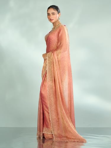 MOHEY Women's Organza Cutdana Work, Stone Work & Woven Saree with Blouse Piece (Pink)