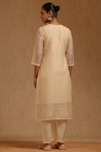 Soch Womens Cream Chanderi Woven Design Kurta Set With Mirror Work
