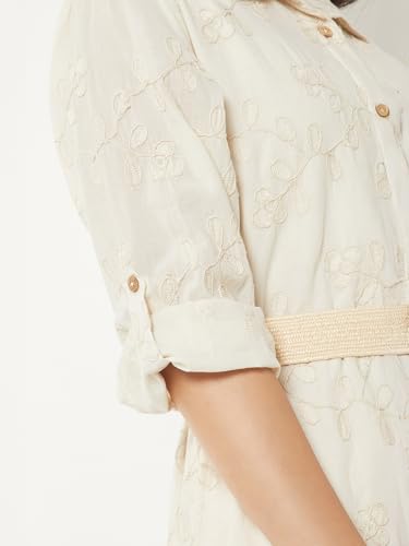 Max Women Embroidered Shirt Dress with Belt (Beige_L)
