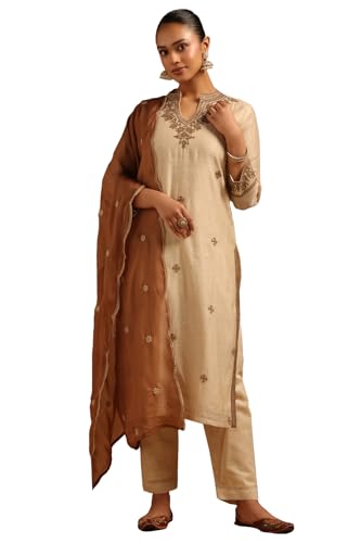 Soch Womens Beige Mul Chanderi Floral Salwar Suit With Sequin