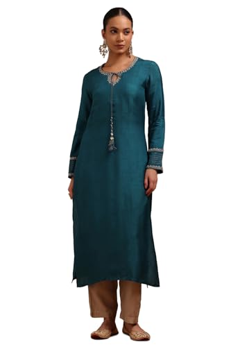 Soch Womens Teal Blue Dola Silk Solid Kurta