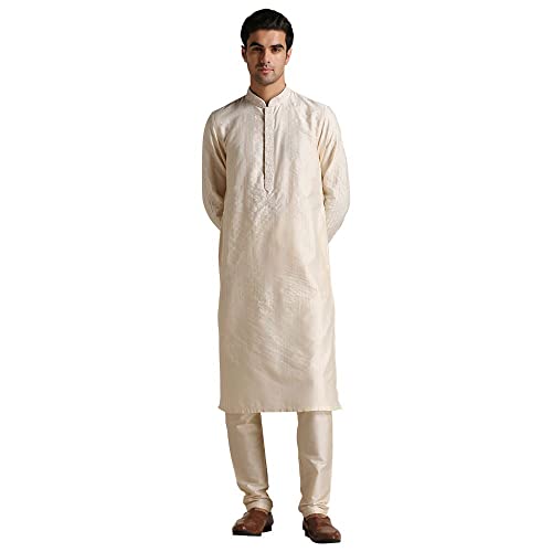 Manyavar Men's Jacket Kurta Set, Kurta Jacket Set for Men, Full Sleeves Mandarin Collar Ethnic Wear Jacket Set for Festival, Wedding, Party Blended Viscose (Off White, S)