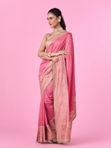 MOHEY Women's Art Silk Stone Work, Thread Work & Zari Saree with Blouse Piece (Pink)