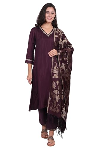 W for Woman Maroon Embroidered Silk Straight Kurta, Pants and Dupatta Set - (WS13298-224278-XL)