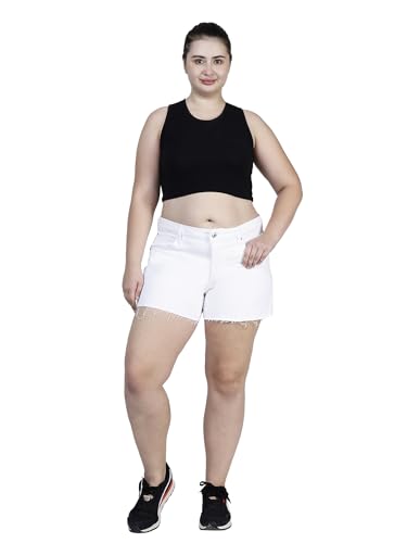 HAPPENING Plus Size Women Denim Shorts with Rugged Bottom Edges- Length 14" inch - MID Rise- Solid White Color- Non Stretch Fabric- Waist Size (L) 32 to (6XL) 44 inch (in, Alpha, 4XL, Solid White)