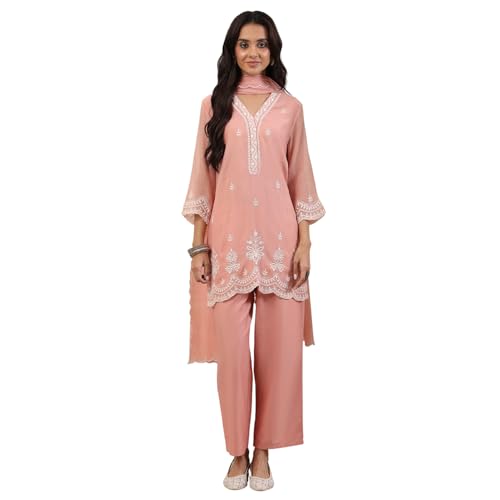 BIBA Women Peach Silk Chanderi Straight Suit Set_42