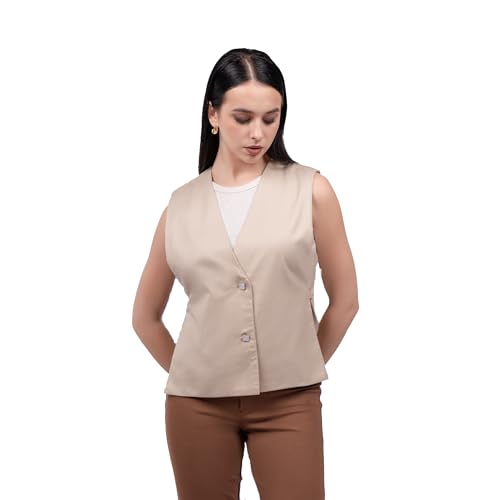 ZLAATA Formal Waistcoat Top for Women | Club Lycra Fabric | V Neck Style | Sleeveless Side Open Design with Buckle Detail | Regular Fit | Straight Hemline Tops for Woman | Pack of 1 (Beige, S)