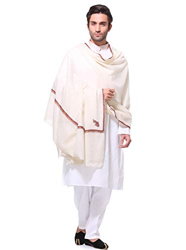 Weavers Villa Pure Pashmina Wool Kingri Hand Embroidery Light-Weight Men's Shawl, Lohi, 125cm x 250cm