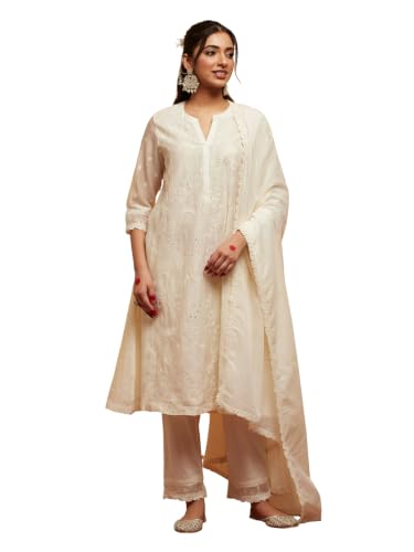 BIBA Cotton Silk Solid A-Line Festive Kurta With Palazzo And Dupatta