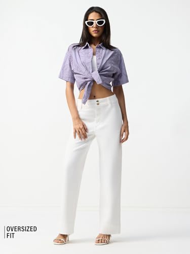 The Souled Store Lilo & Stitch: Naughty Stitch Women and Girls Short Sleeves Collared Lavender Embroidered Cotton Linen Oversized Fit Lightweight All-Season Shirt