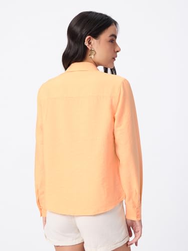 The Souled Store Textured Shirt: Bunny Women and Girls Full Sleeves Collared Light Orange Embroidered Crinkled Viscose Nylon Relaxed Fit Lightweight Casual Shirt