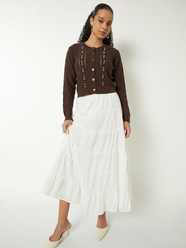 Max Women Embellished Knit Cardigan (Brown_S)