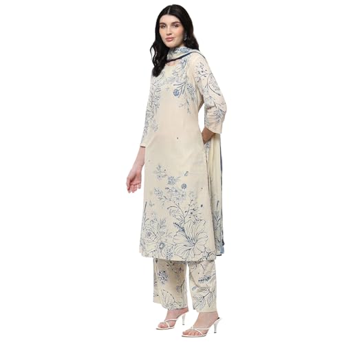 Biba Women Off-White and Blue Cotton Straight Suit Set_44
