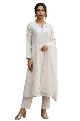 Wishful Women’s Off White Embroidered Chanderi A-line Kurta with Straight Pants and Dupatta Set - (SP12468-401487-S)