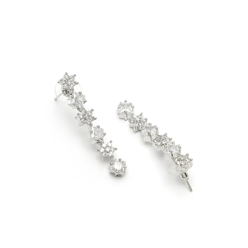 ZENEME Rhodium-Plated American Diamond Studded Star Shaped Layered Necklace With Earrings Jewellery Set For Girls and Women (White)