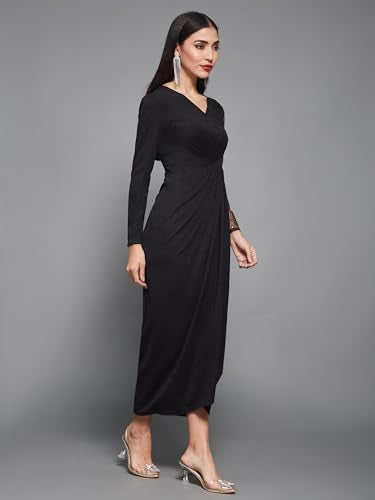 Miss Chase Women's Fit and Flare Full Length Pleated V-Neck Full Sleeve Dress (MCAW23D13-86-62-07, Black, 2XL)