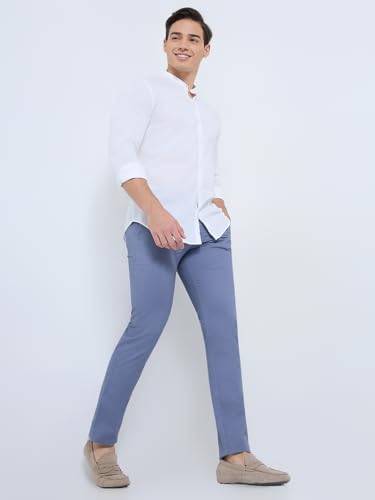 Raymond Men Regular Fit Chambray Pattern Cotton Linen Blend Mandarin Collar Full Sleeve Casual Shirt (Size: 39)-RCSM01923-W0