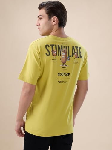 Status Quo Men's Oversized Round Neck Half Sleeves T-Shirt with Back Typography Print | 100% Cotton | Lime | S