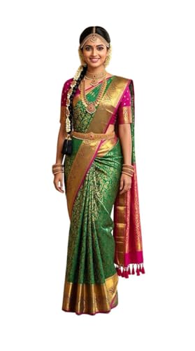 VFCollections Women's Traditional Handloom Kanchipuram Silk Pure Pattu Sarees | Rich Zari Woven Design | Unstitched Blouse (VFC519-3)