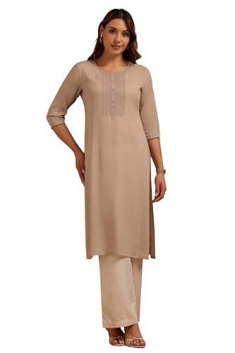 Soch Women's Rayon Embroidered Regular Kurta (CWA5KU61455_Beige_XL)