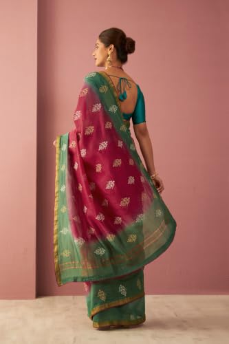 Taneira Pink Pure Silk Cotton Embroidered SareeWith Unstitched Blouse(SMABVAPSC0101-Pink)