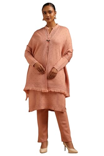 Soch Womens Peach Acrylic Floral Embroidered Winter Salwar Suit With Pearls